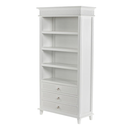 Antiqued White Solid Wood Four Tier Bookcase with Three Drawers