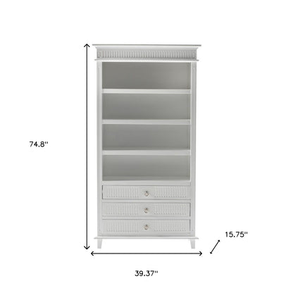 Antiqued White Solid Wood Four Tier Bookcase with Three Drawers