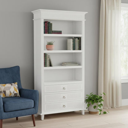 Antiqued White Solid Wood Four Tier Bookcase with Three Drawers