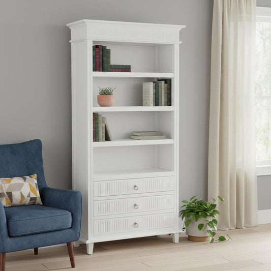 Antiqued White Solid Wood Four Tier Bookcase with Three Drawers