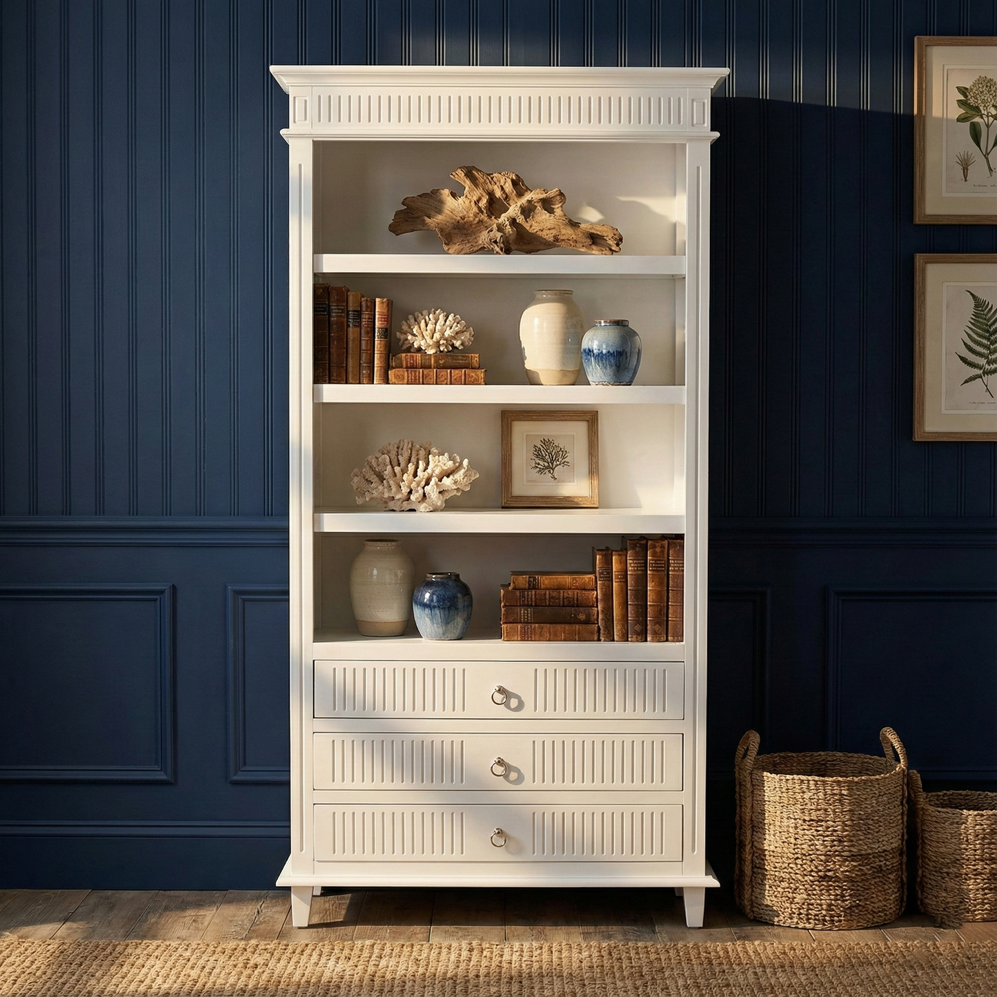 Antiqued White Solid Wood Four Tier Bookcase with Three Drawers