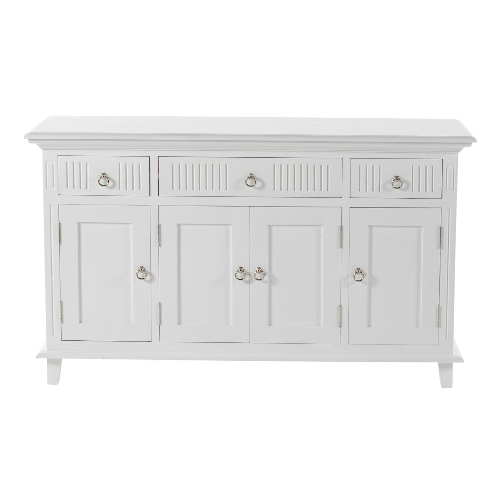 59" White Solid Wood Paneled Three Drawer Buffet Table with Four Doors