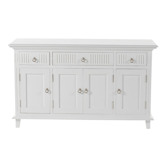 59" White Solid Wood Paneled Three Drawer Buffet Table with Four Doors