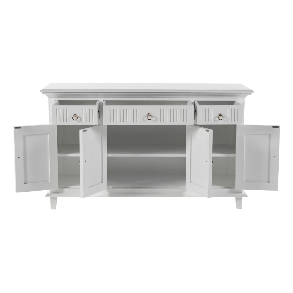 59" White Solid Wood Paneled Three Drawer Buffet Table with Four Doors