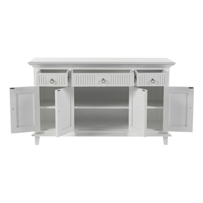 59" White Solid Wood Paneled Three Drawer Buffet Table with Four Doors