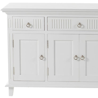 59" White Solid Wood Paneled Three Drawer Buffet Table with Four Doors