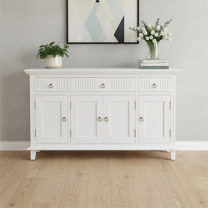 59" White Solid Wood Paneled Three Drawer Buffet Table with Four Doors