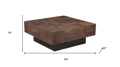 40" Dark Brown and Black Solid Wood Square Block Coffee Table