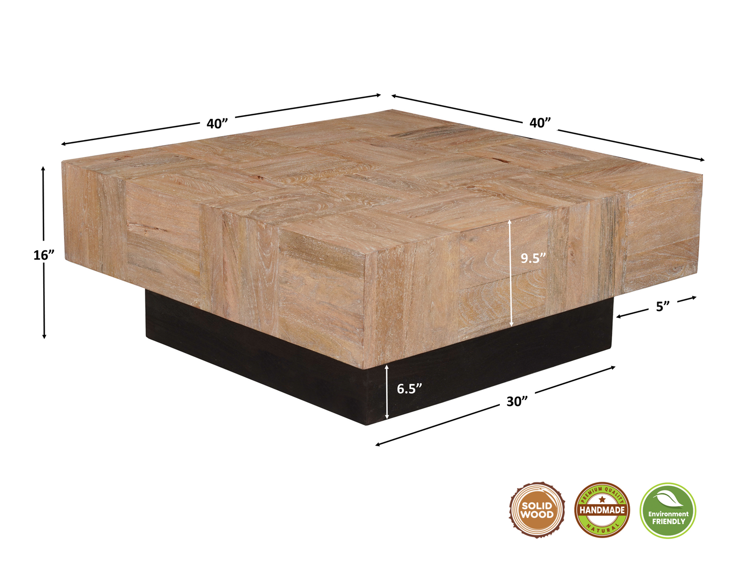 40" Brown and Black Solid Wood Square Block Coffee Table