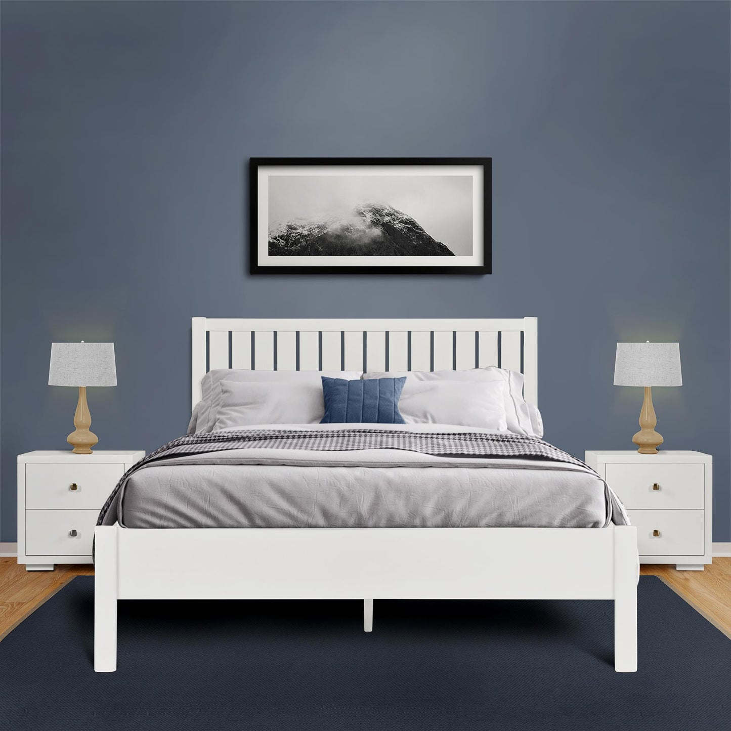 White Shiplap Texture Solid Wood Queen Bed Frame