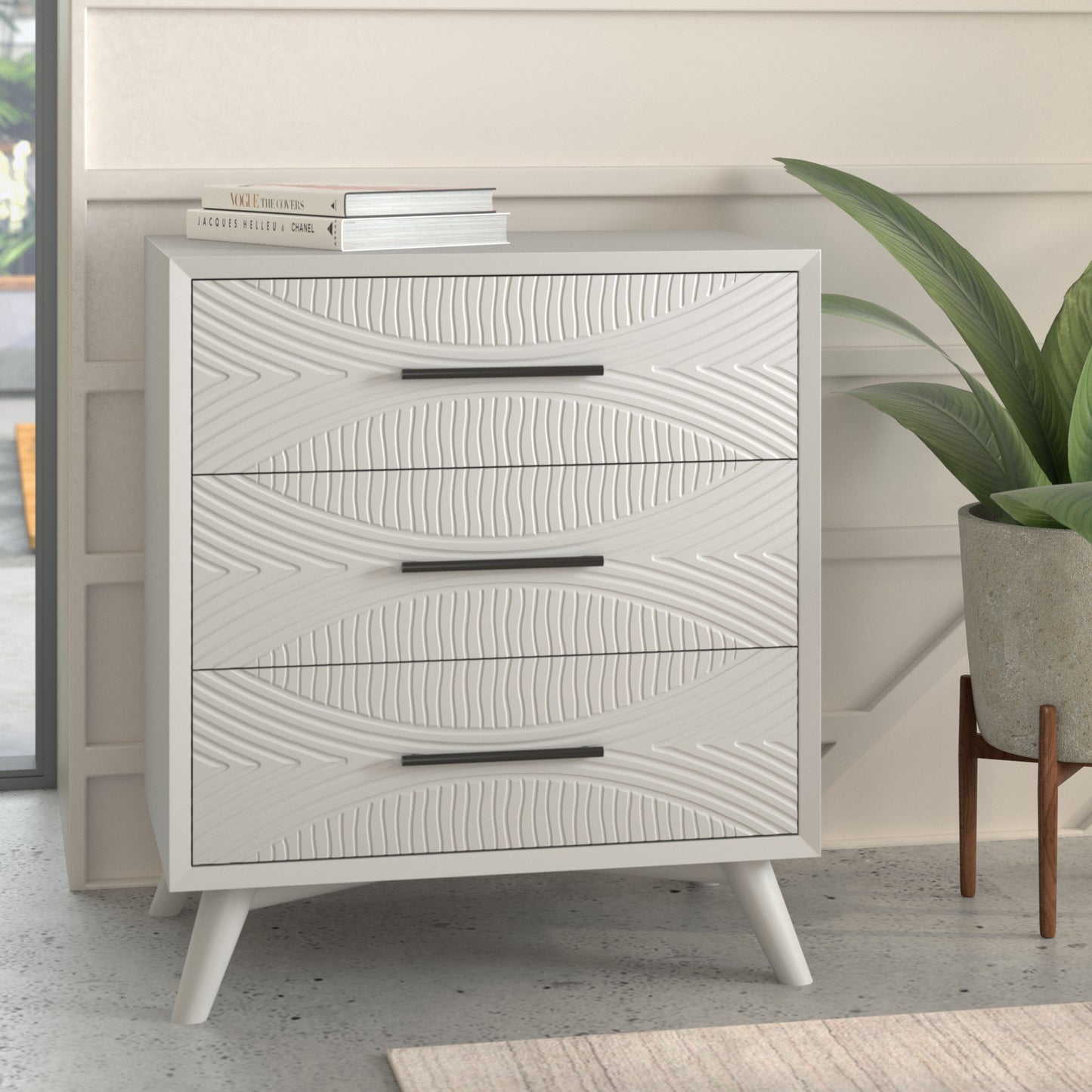 34" White Carved Geometric Solid Wood Three Drawer Dresser