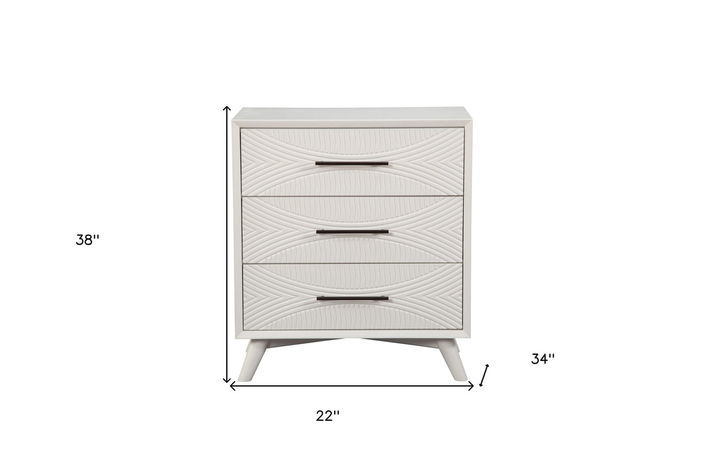 34" White Carved Geometric Solid Wood Three Drawer Dresser
