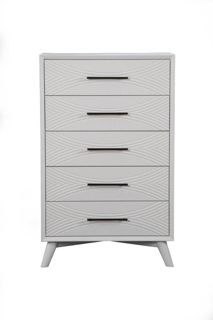 34" White Carved Geometric Solid Wood Five Drawer Dresser