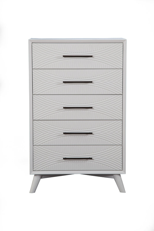 34" White Carved Geometric Solid Wood Five Drawer Dresser