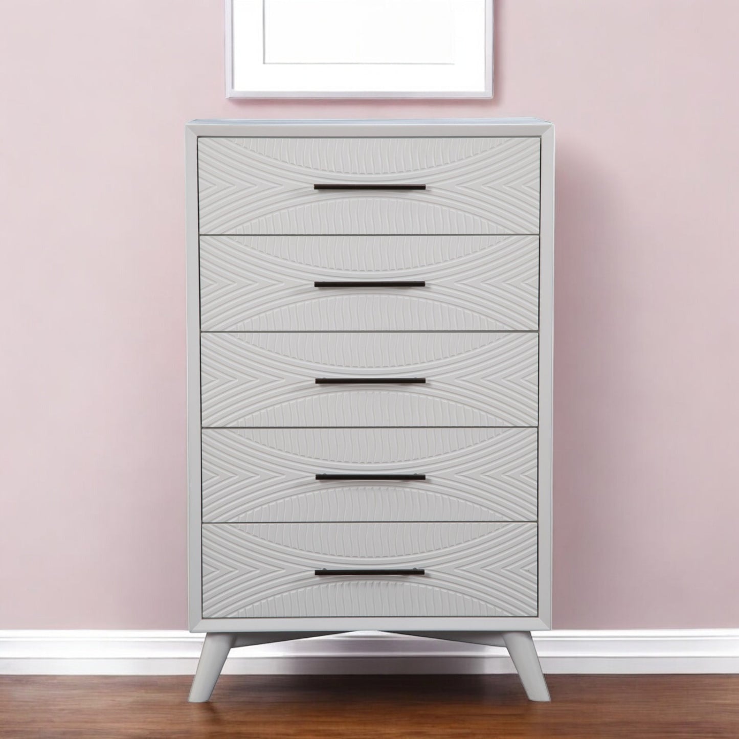 34" White Carved Geometric Solid Wood Five Drawer Dresser