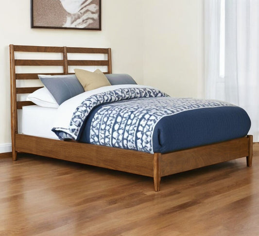 Brown Slat Back Solid Wood Queen Bed Frame