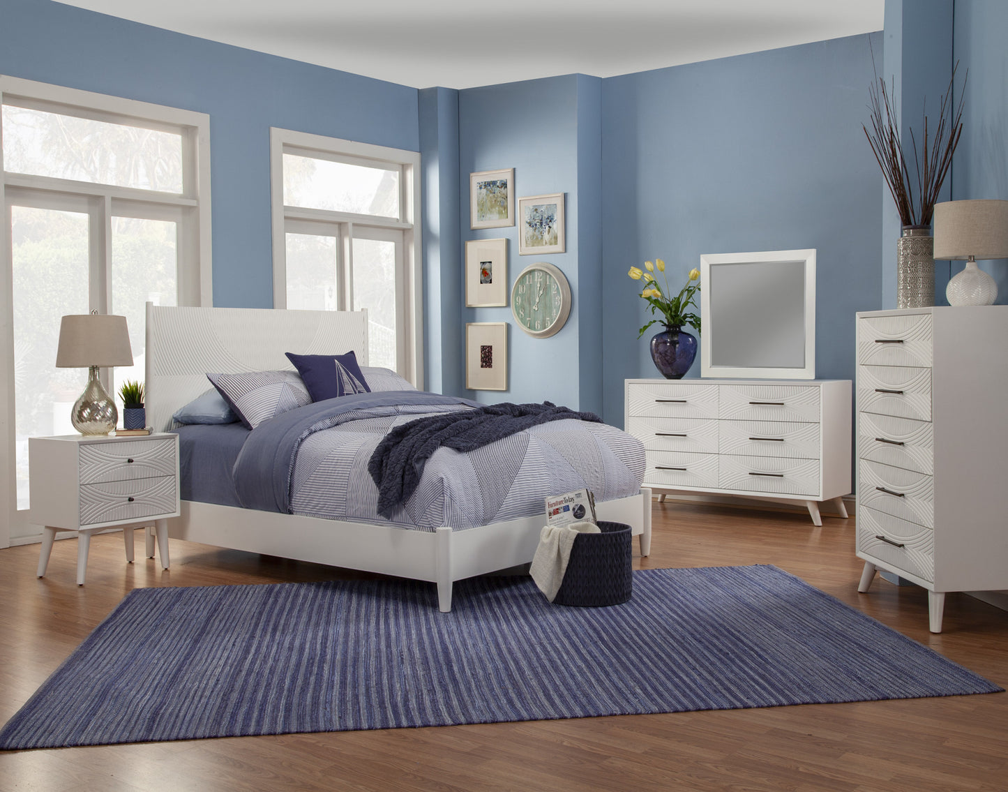 White Carved Geometric Solid Wood California King Bed Frame