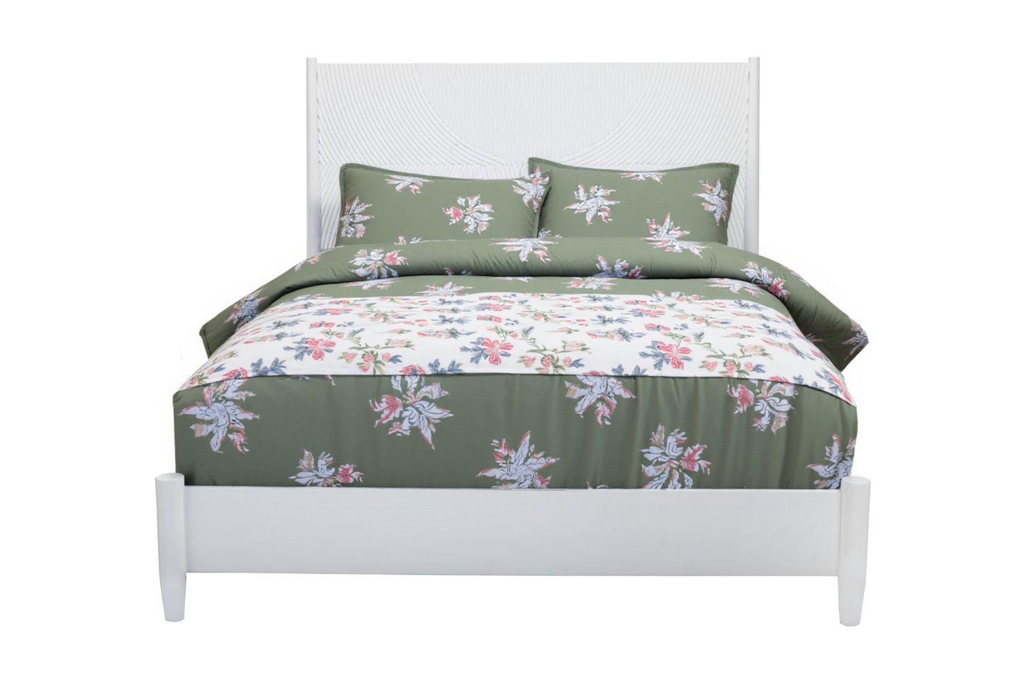 White Carved Geometric Solid Wood Full Bed Frame