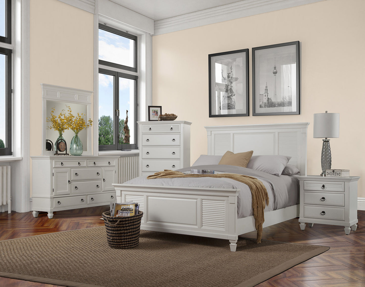 White Ribbed Texture Solid Wood King Bed Frame