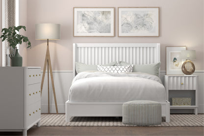 White Ribbed Texture Solid Wood Queen Bed Frame