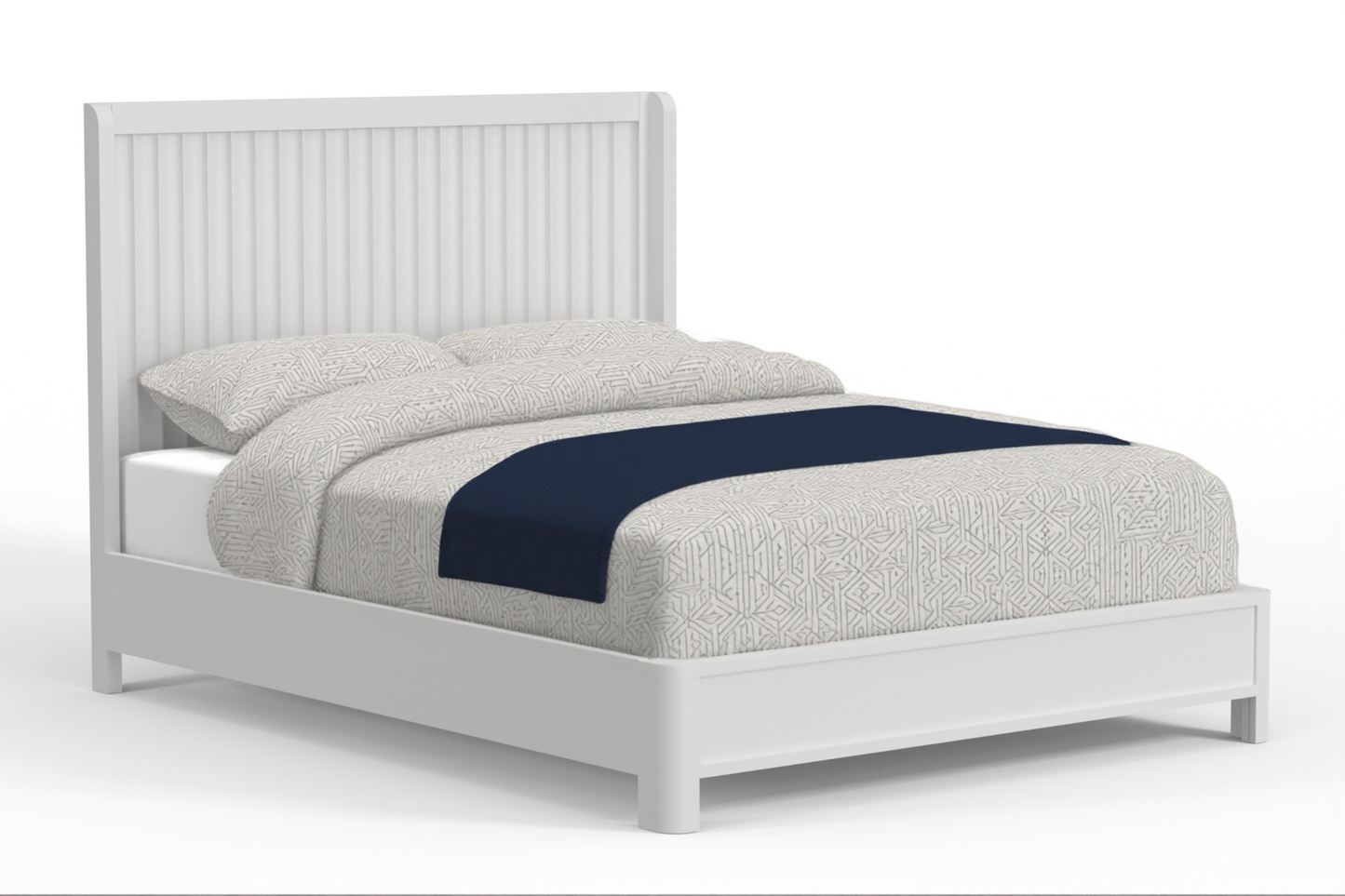 White Ribbed Texture Solid Wood Queen Bed Frame
