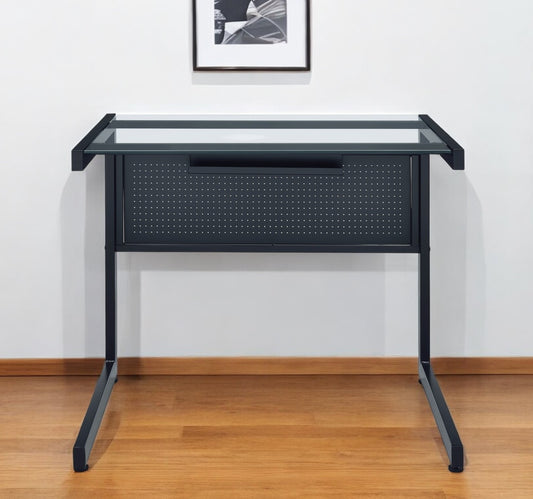 33" Clear and Black Glass and Stainless Steel Writing Desk