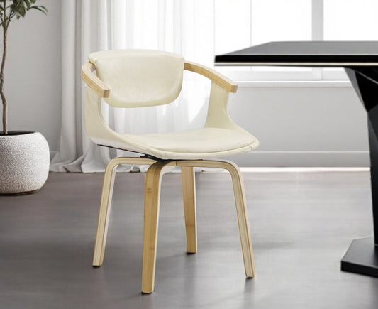 Off White and Natural Upholstered Faux Leather Dining Arm Chair