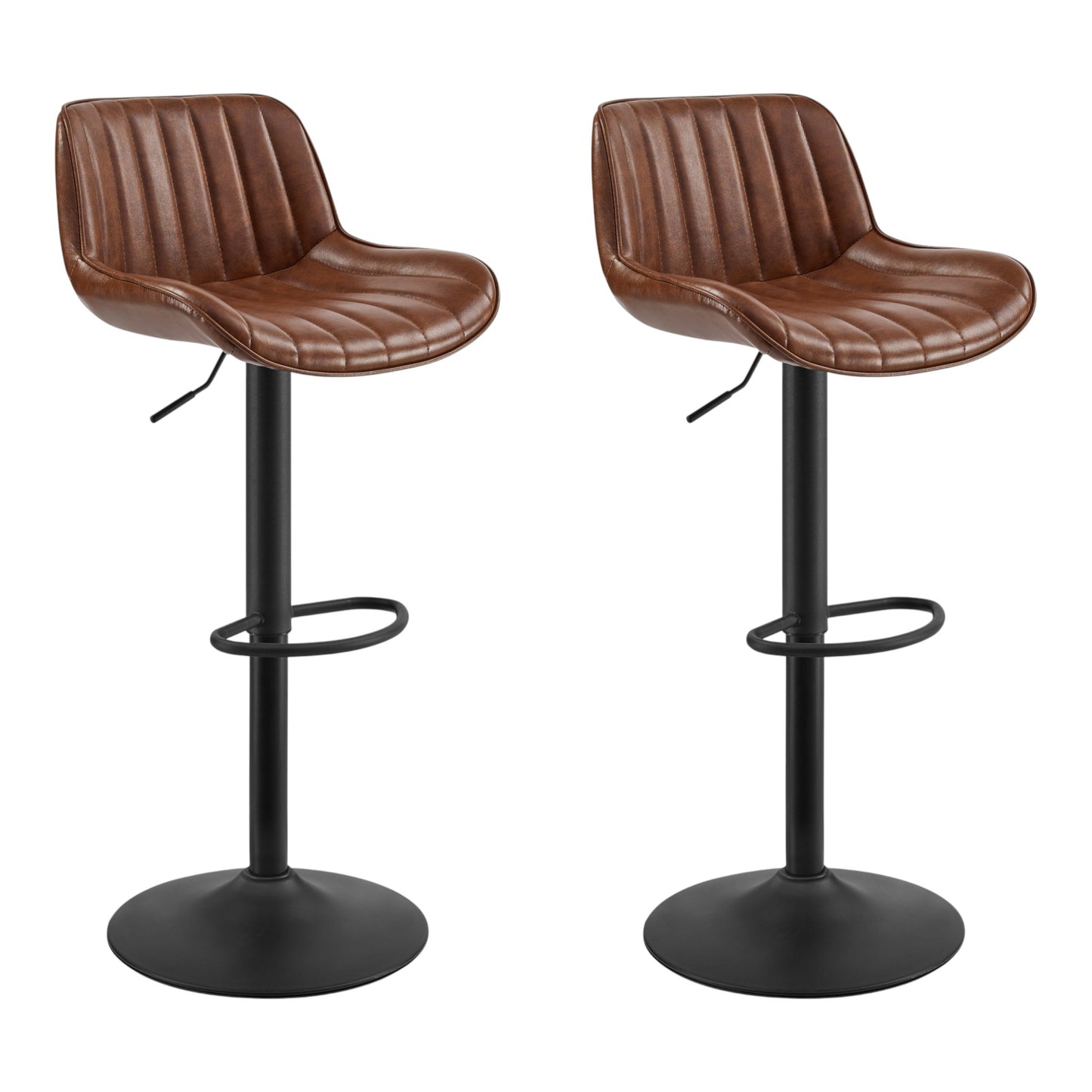 Set of Two Brown And Black Faux Leather And Steel Low Back Adjustable Height Swivel Bar Chairs