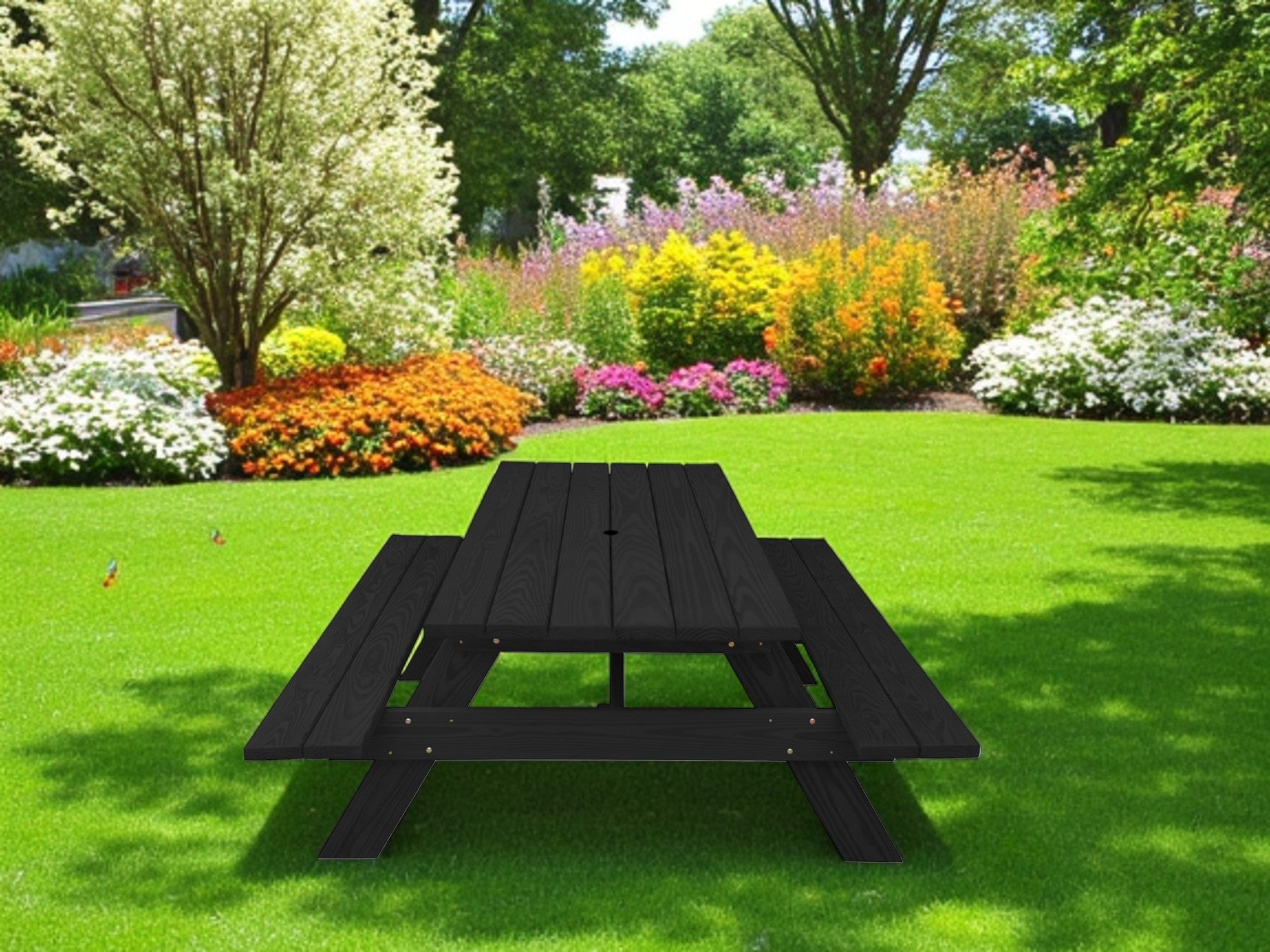 Black Solid Wood Dining Set with Two Benches With Umbrella Hole