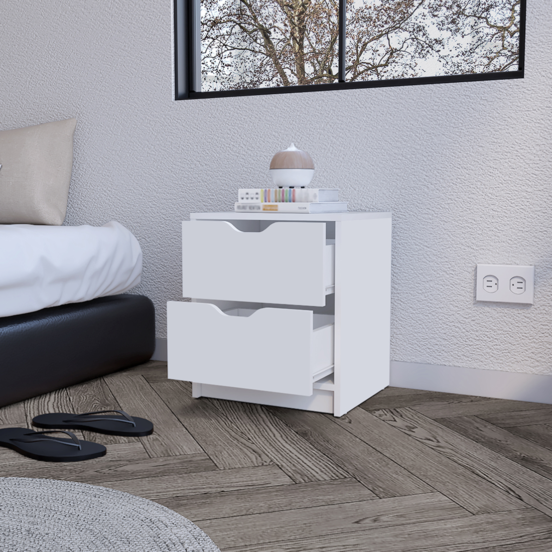 19" White Wood Two Drawer Nightstand