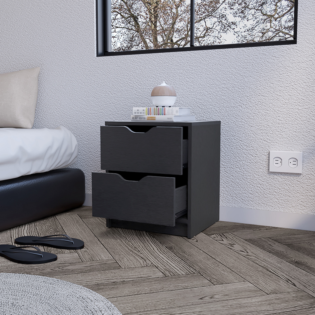 19" Black Wood Two Drawer Nightstand