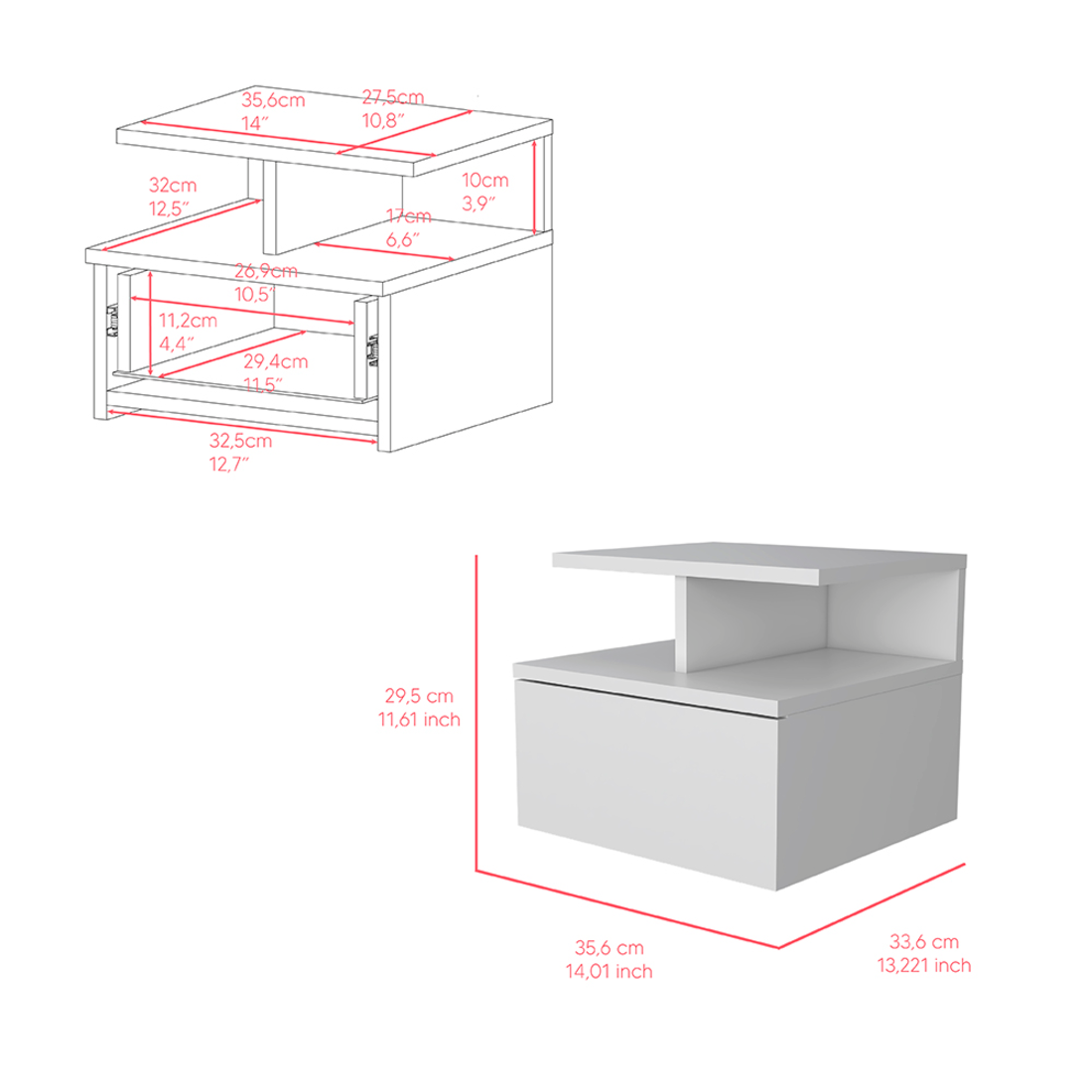 12" White Wood One Drawer Floating Nightstand