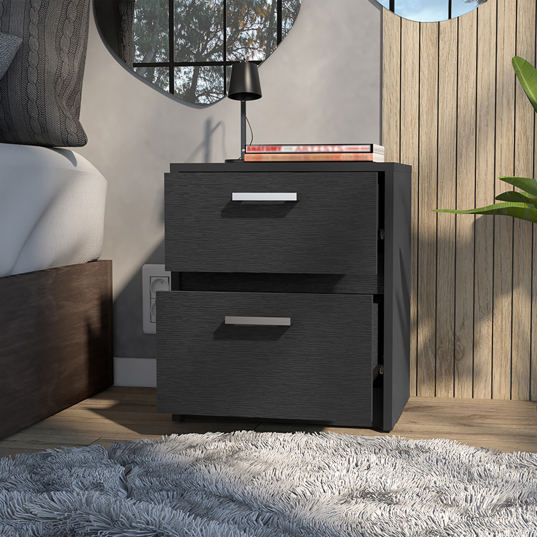19" Black Wood Two Drawer Nightstand