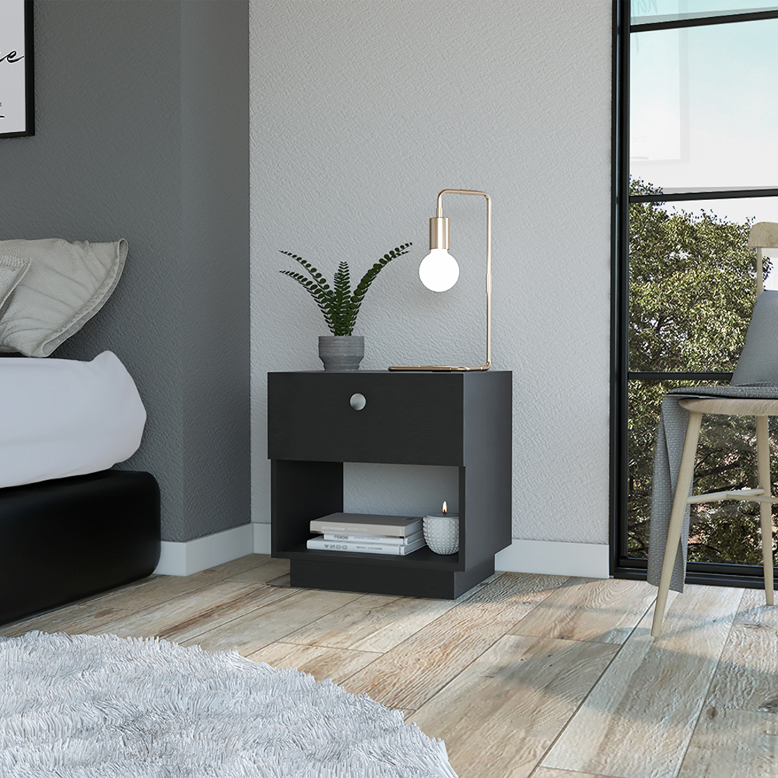 20" Black Wood One Drawer Nightstand
