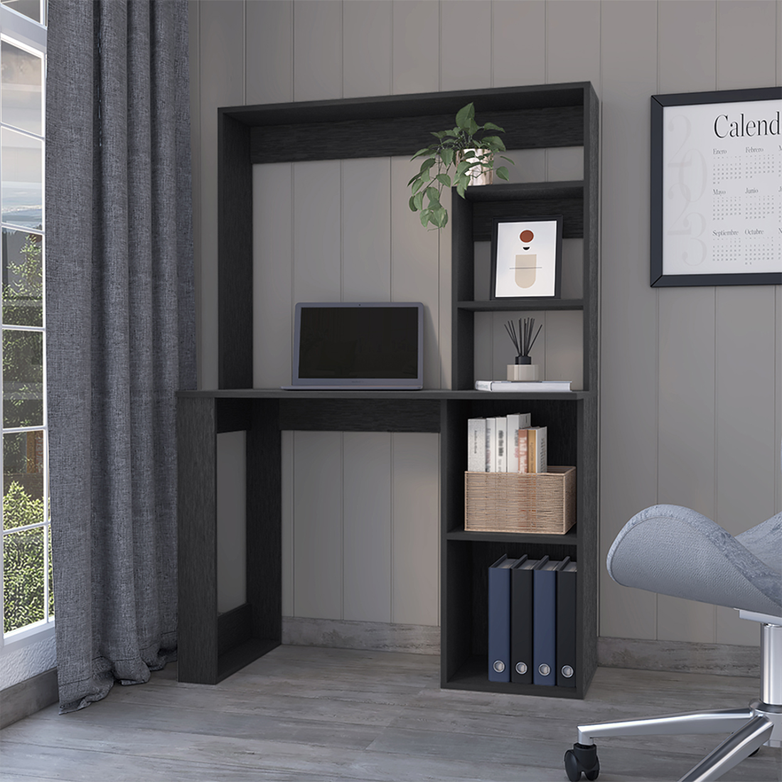 58" Black Wood Computer Desk With Hutch