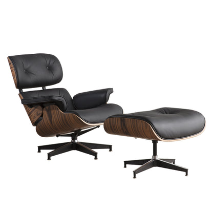 35" Black and Brown Genuine Leather Tufted Swivel Lounge Chair With Ottoman