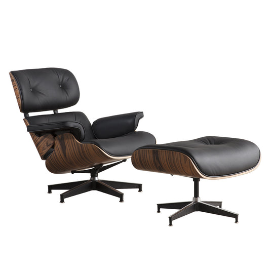 35" Black and Brown Genuine Leather Tufted Swivel Lounge Chair With Ottoman