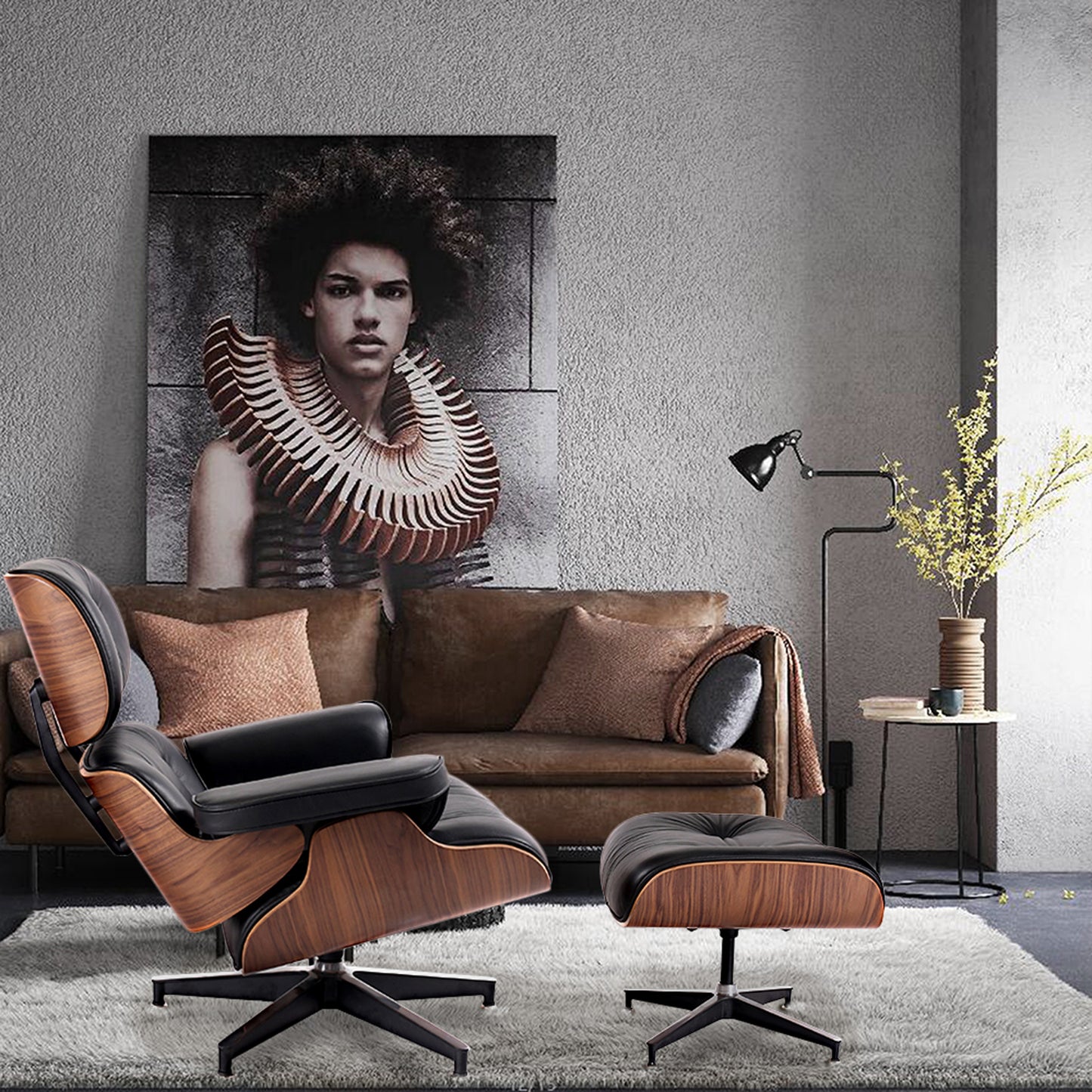 35" Black and Brown Genuine Leather Tufted Swivel Lounge Chair With Ottoman