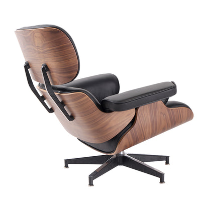 35" Black and Brown Genuine Leather Tufted Swivel Lounge Chair With Ottoman