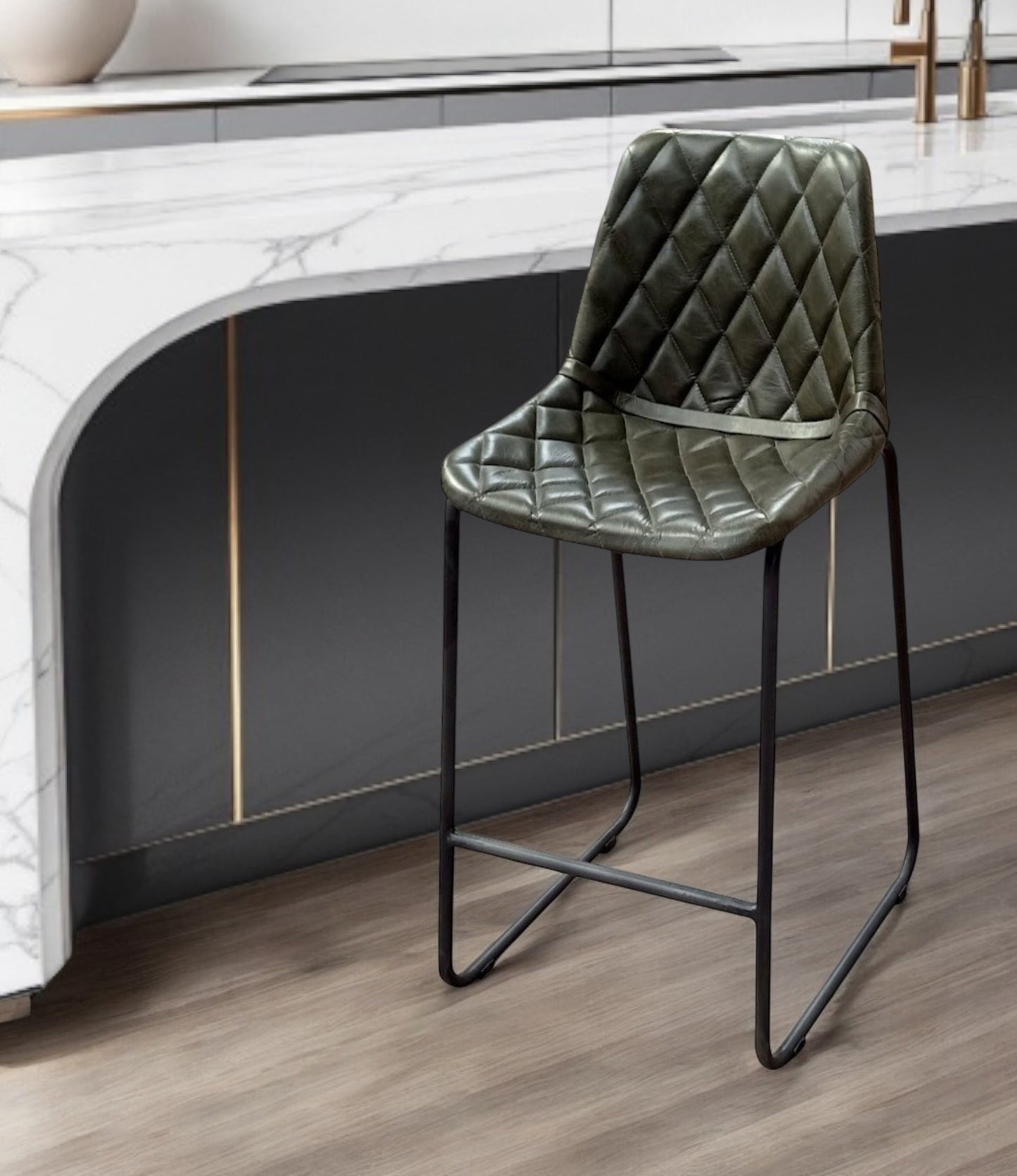 27" Green and Black Leather and Iron Counter Height Bar Chair