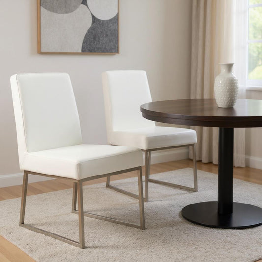 Set of Two White and Silver Upholstered Faux Leather Dining Side Chairs