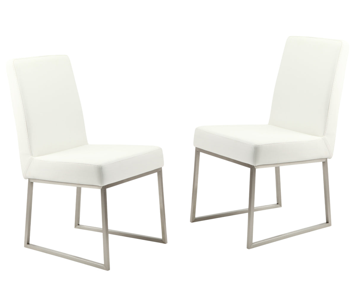 Set of Two White and Silver Upholstered Faux Leather Dining Side Chairs