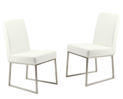 Set of Two White and Silver Upholstered Faux Leather Dining Side Chairs