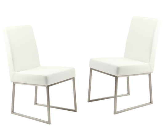 Set of Two White and Silver Upholstered Faux Leather Dining Side Chairs