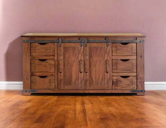 60" Brown Solid Wood Enclosed Storage Distressed TV Stand
