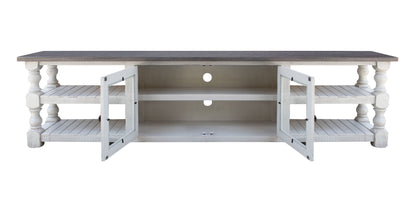 93" Gray and Ivory Solid Wood Cabinet Enclosed Storage Distressed TV Stand