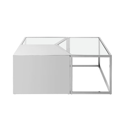 Set of Three 37" Clear And Silver Glass  Stainless Steel Square Mirrored Bunching Coffee Tables