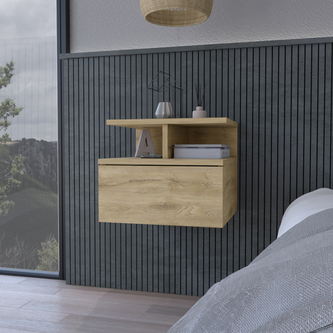 12" Beige Wood One Drawer Nightstand