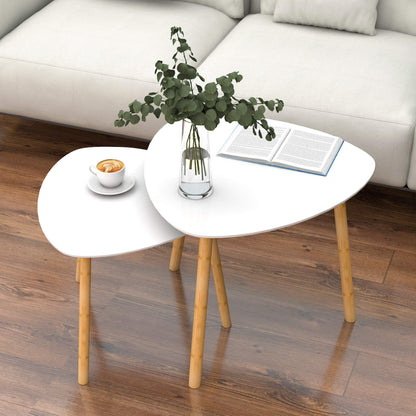 Set of Two White and Natural Wood and Solid Wood Triangle Nested Coffee Tables