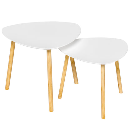 Set of Two White and Natural Wood and Solid Wood Triangle Nested Coffee Tables
